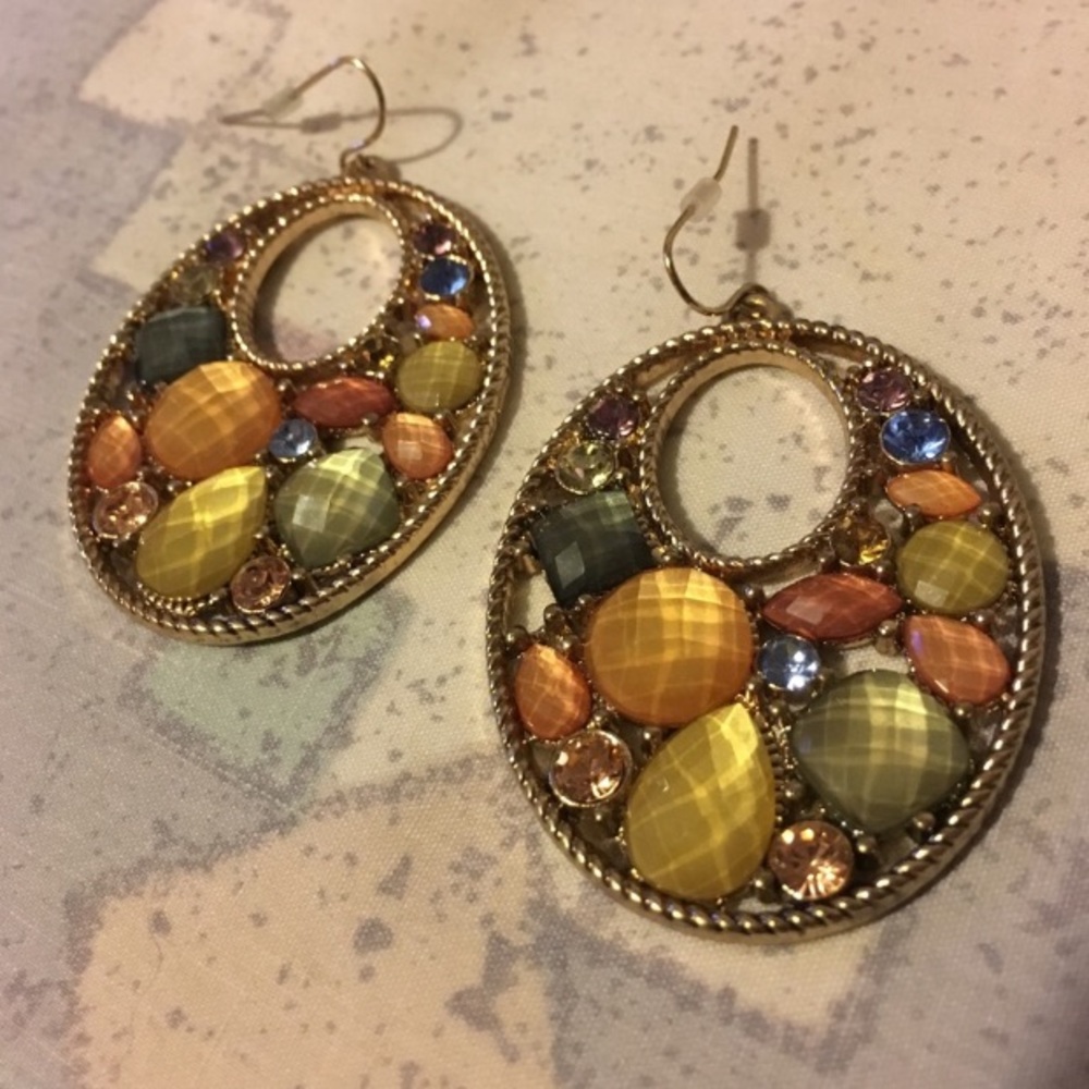 Gold Multi Color Oval Earrings